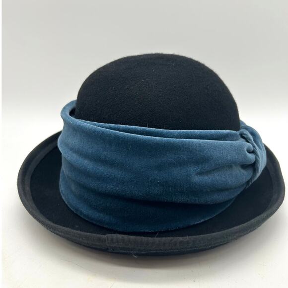 Bevali Read London Black Wool Felt Dome Hat Cotton Velvet Draped Band 56cm 6 7/8 main image 6